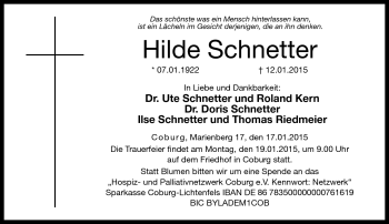 Traueranzeige von Hilde Schnetter von Neue Presse Coburg