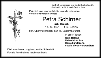 Traueranzeige von Petra Schirner von Frankenpost
