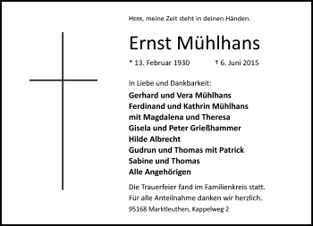 Traueranzeige von Ernst Mühlhans von Frankenpost
