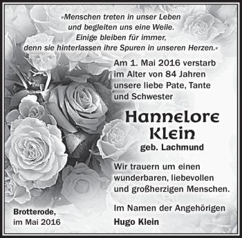 Traueranzeige von Hannelore Klein von Südthüringer Presse