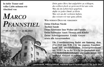 Traueranzeige von Marco Pfannstiel von Südthüringer Presse