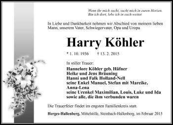 Traueranzeige von Harry Köhler von Südthüringer Presse