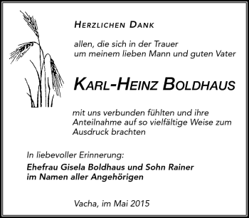 Traueranzeige von Karl-Heinz Boldhaus von Südthüringer Presse