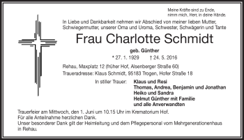 Traueranzeige von Charlotte Schmidt von Frankenpost