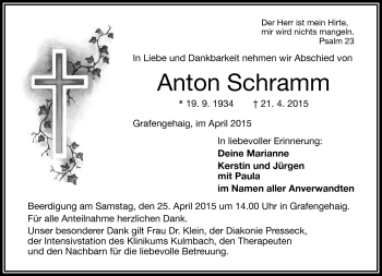 Traueranzeige von Anton Schramm von Frankenpost