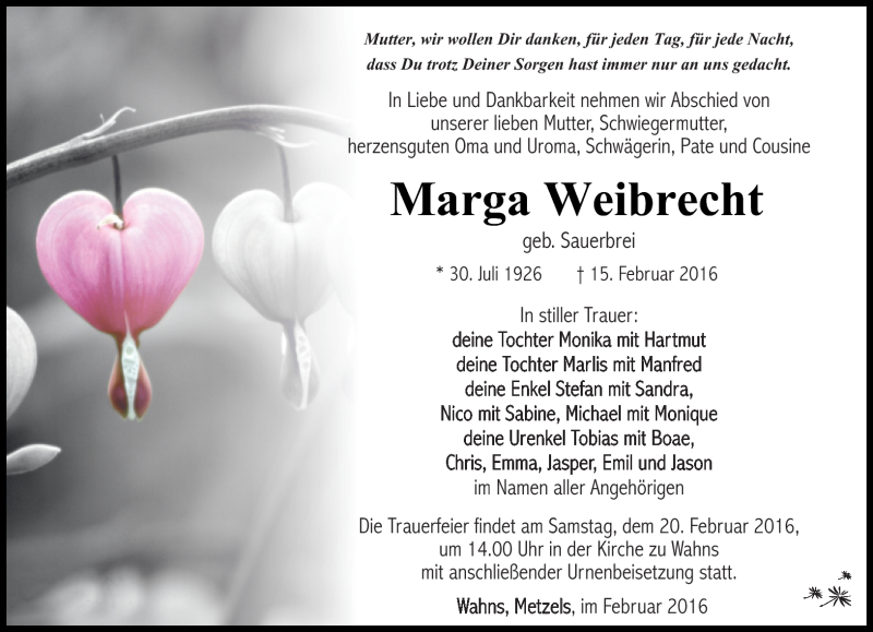  Traueranzeige für Marga Weibrecht vom 17.02.2016 aus Südthüringer Presse