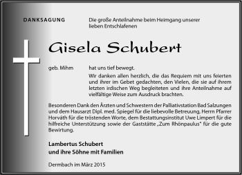 Traueranzeige von Gisela Schubert von Südthüringer Presse