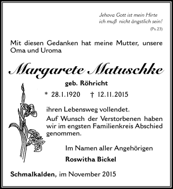 Traueranzeige von Margarete Matuschke von Südthüringer Presse