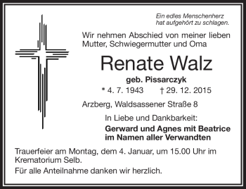 Traueranzeige von Renate Walz von Frankenpost