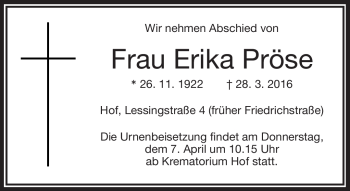 Traueranzeige von Erika Pröse von Frankenpost