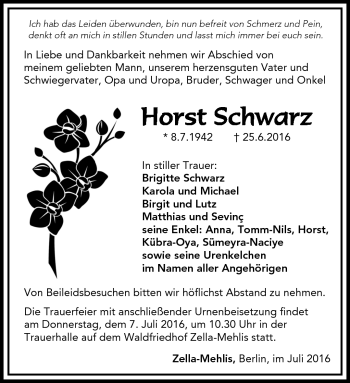 Traueranzeige von Horst Schwarz von Südthüringer Presse