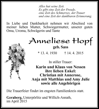 Traueranzeige von Anneliese Hopf von Südthüringer Presse