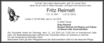 Traueranzeige von Fritz Reimelt von Frankenpost