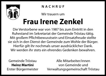 Traueranzeige von Irene Zenkel von Frankenpost