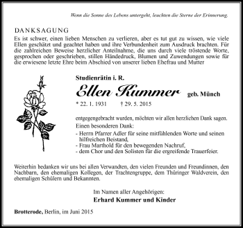 Traueranzeige von Ellen Kummer von Südthüringer Presse