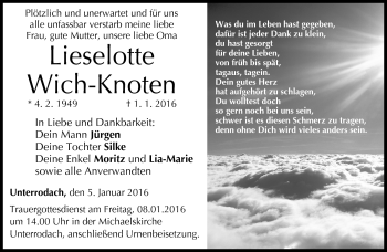 Traueranzeige von Lieselotte Wich-Knoten von Neue Presse Coburg