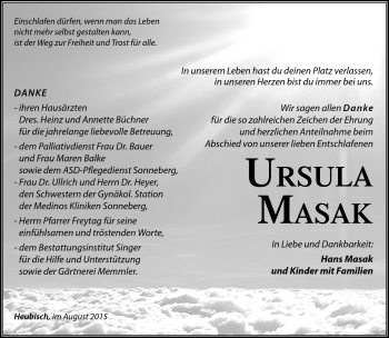 Traueranzeige von Ursula Masak von Südthüringer Presse