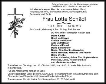 Traueranzeige von Lotte Schädl von Frankenpost