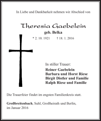 Traueranzeige von Theeresia Gaebelein von Südthüringer Presse