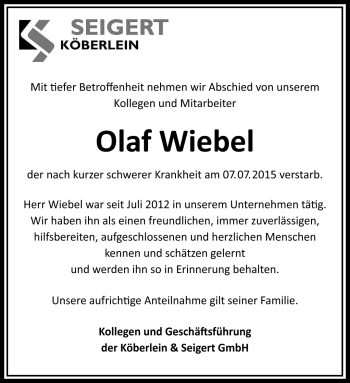 Traueranzeige von Olaf Wiebel von Südthüringer Presse