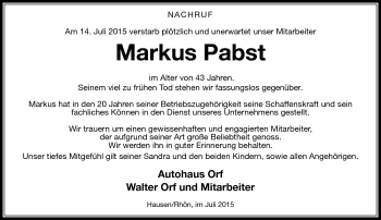 Traueranzeige von Markus Pabst von Südthüringer Presse