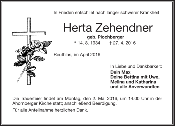 Traueranzeige von Herta Zehendner von Frankenpost