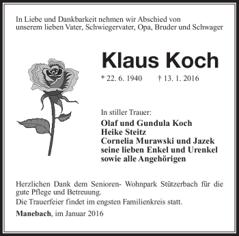 Traueranzeige von Klaus Koch von Südthüringer Presse
