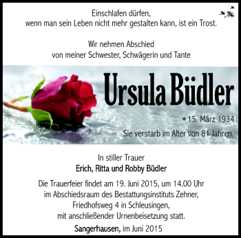 Traueranzeige von Ursula Büdler von Südthüringer Presse
