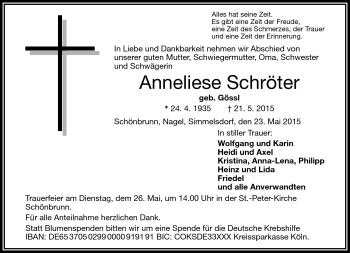 Traueranzeige von Anneliese Schröter von Frankenpost