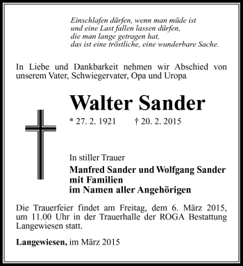 Traueranzeige von Walter Sander von Südthüringer Presse