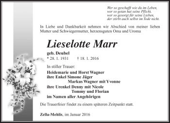 Traueranzeige von Lieselotte Marr von Südthüringer Presse