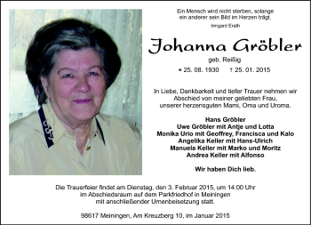 Traueranzeige von Johanna Gröbler von Südthüringer Presse