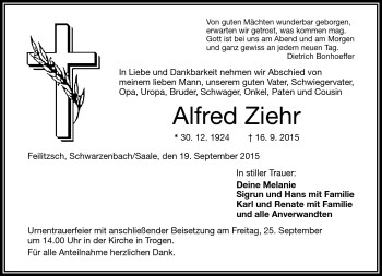 Traueranzeige von Alfred Ziehr von Frankenpost