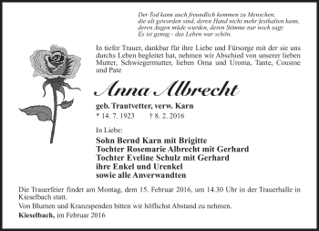 Traueranzeige von Anna Albrecht von Südthüringer Presse