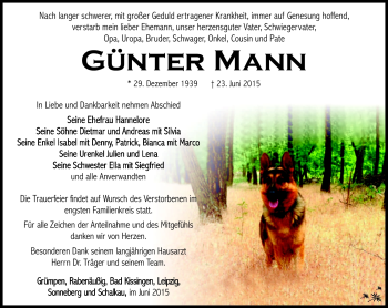 Traueranzeige von Günter Mann von Südthüringer Presse