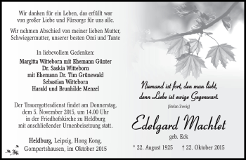 Traueranzeige von Edelgard Machlet von Südthüringer Presse