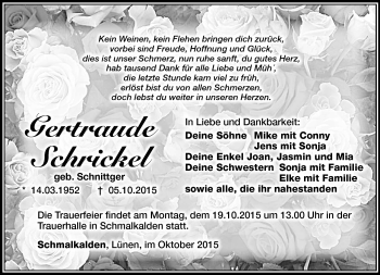 Traueranzeige von Gertraude schrickel von Südthüringer Presse