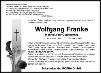 Traueranzeige von Wolfgang Frank von Südthüringer Presse