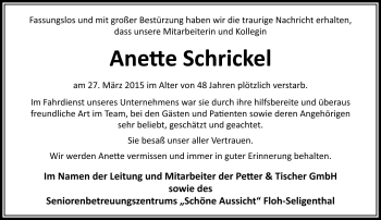 Traueranzeige von Anette Schrickel von Südthüringer Presse