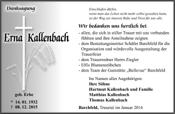 Traueranzeige von Erna Kallenbach von Südthüringer Presse