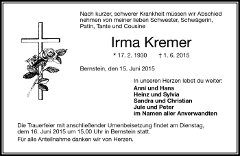 Traueranzeige von Irma Kremer von Frankenpost
