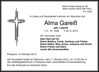 Traueranzeige von Alma Gareiß von Frankenpost