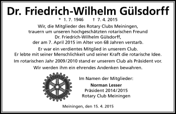 Traueranzeige von Friedrich Wilhelm Gülsdorff von Südthüringer Presse