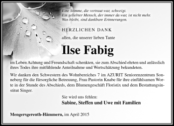 Traueranzeige von Ilse Fabig von Südthüringer Presse