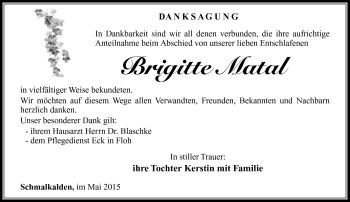 Traueranzeige von Brigitte Matal von Südthüringer Presse