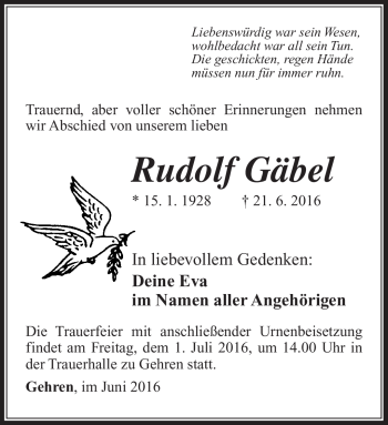Traueranzeige von Rudolf Gäbel von Südthüringer Presse