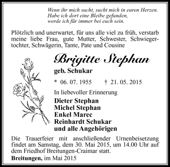 Traueranzeige von Brigitte Stephan von Südthüringer Presse