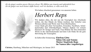 Traueranzeige von Herbert Reps von Südthüringer Presse