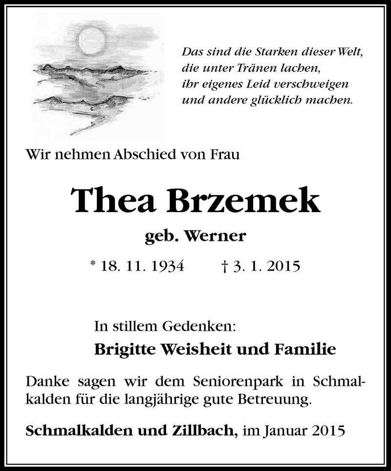  Traueranzeige für Thea Brzemek vom 08.01.2015 aus Südthüringer Presse