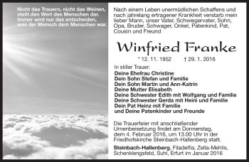 Traueranzeige von Winfried Franke von Südthüringer Presse